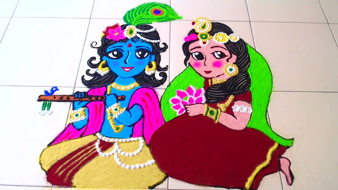 krishna jayanthi rangoli design krishna radha cartoon by muggu 1