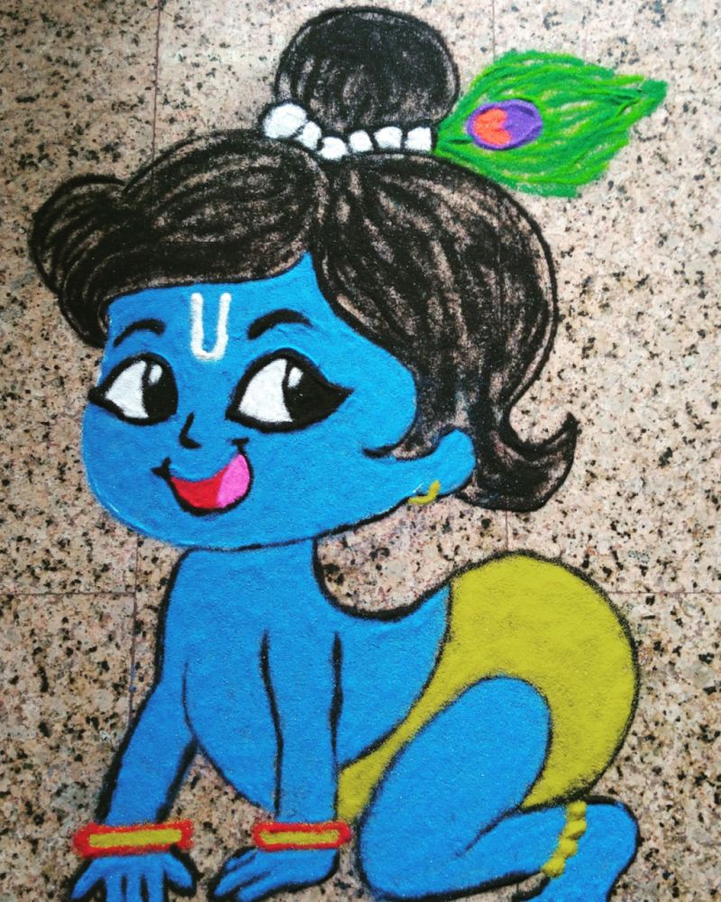 gokulashtami rangoli design cute bal krishna by alpana 2