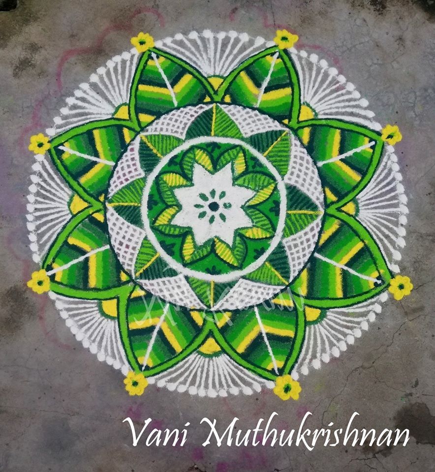 kolam design green leaves by vani muthukrishnan